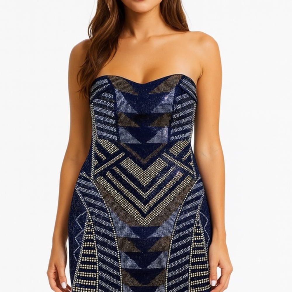Crystal Doll Strapless Dress -Black, Silver and Gold Studded/ Geometric Size S